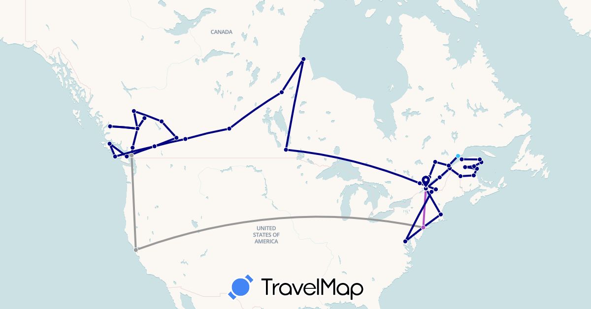 TravelMap itinerary: driving, plane, train, boat in Canada, United States (North America)